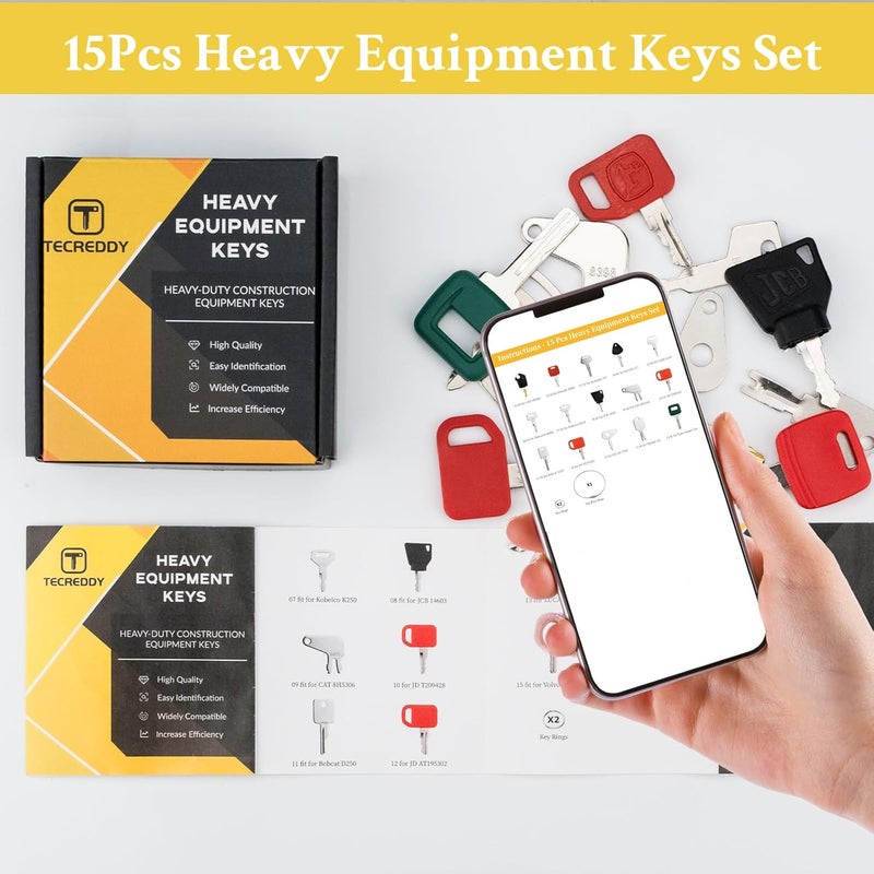 Tecreddy 15PCS Heavy Equipment Keys Master Set, Construction Keys for Cat Caterpillar 5P8500 John Deere AT195302 Komatsu 787 Volvo 777 Bobcat D250 JCB 14603 Case S450 Hitachi H800 Hyster 166 Takeuchi H806 - Image 2